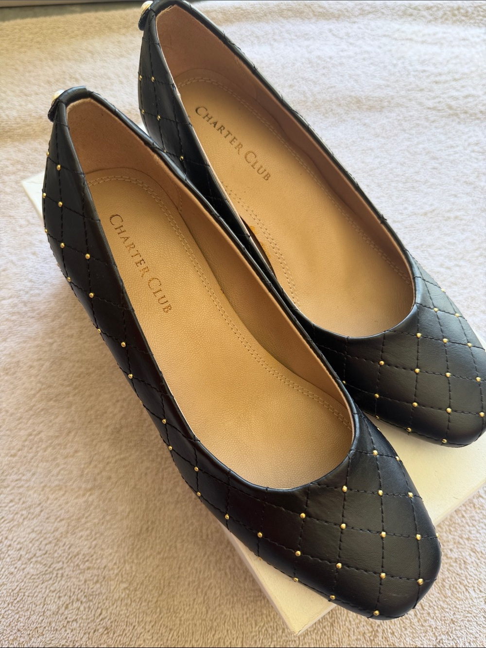 Charter Club Black Quilted Ballet Flats with Gold Studs